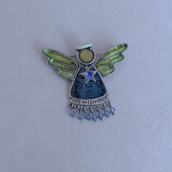 Hope Wish Dream Angel Brooch Pin Iridescent Wings Blue Enamel Vintage Style - Picture 1 of 4